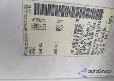 2011 Nissan Maxima 3.5 Sv z USA, uszkodzony, nr VIN 1N4AA5AP9BC815508